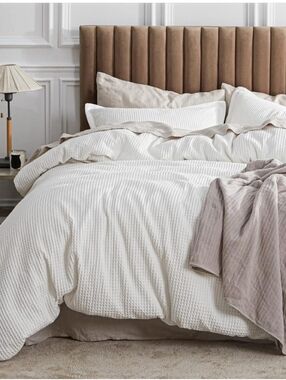Bedsure Cotton Duvet Cover Queen 100% Cotton Waffle Weave Coconut White 3 Piece